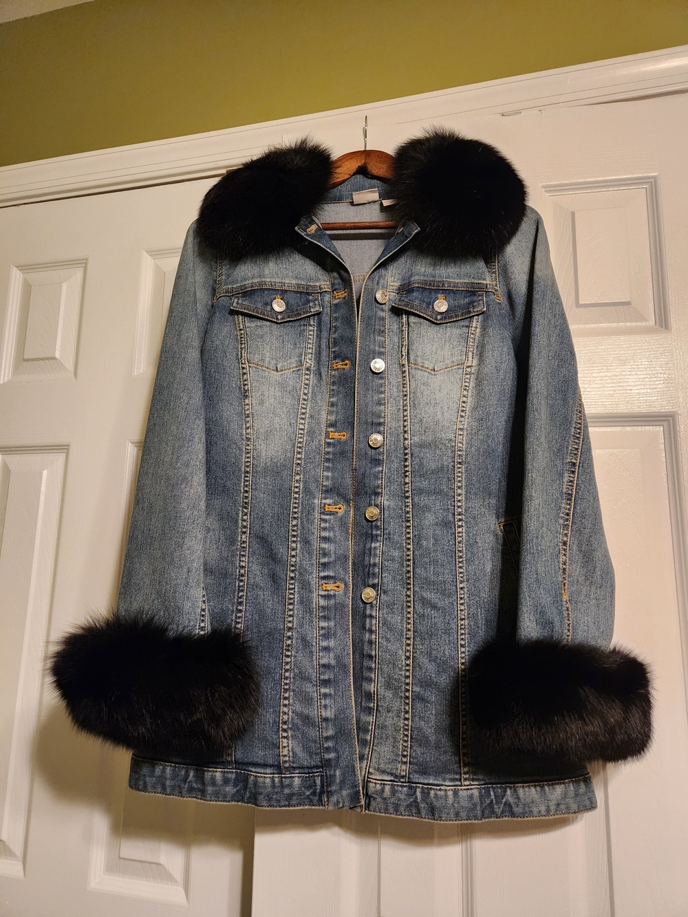 Denim Jacket with Black Rabbit Fur Collar & Cuffs